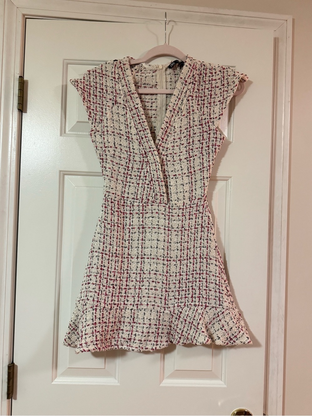 Zara Cream and Pink Tweed V-Neck Mini Dress